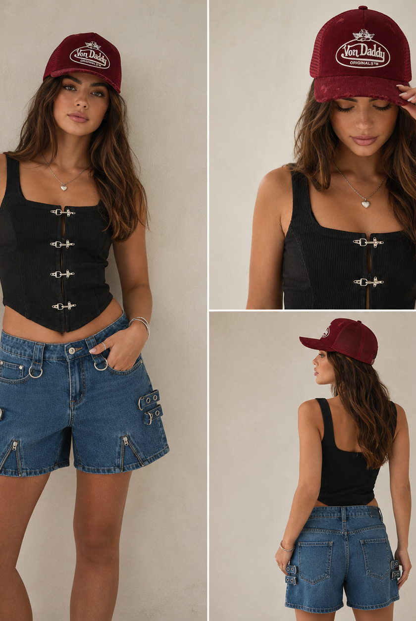 Boys Lie x Von Dutch Trucker Hat, Ragged Priest Shorts & Basic Pleasure Mode Corset | Spoiled Brat