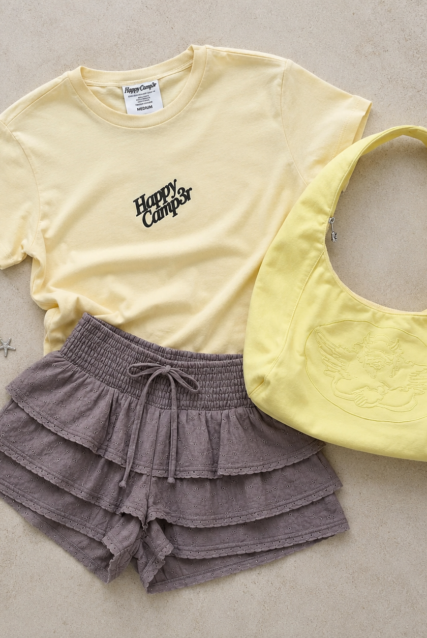 Happy Camp3r Tee Outfit Ideas: Style the Happy Camp3r Tee with Daisy Street Shorts & the Boys Lie Bag