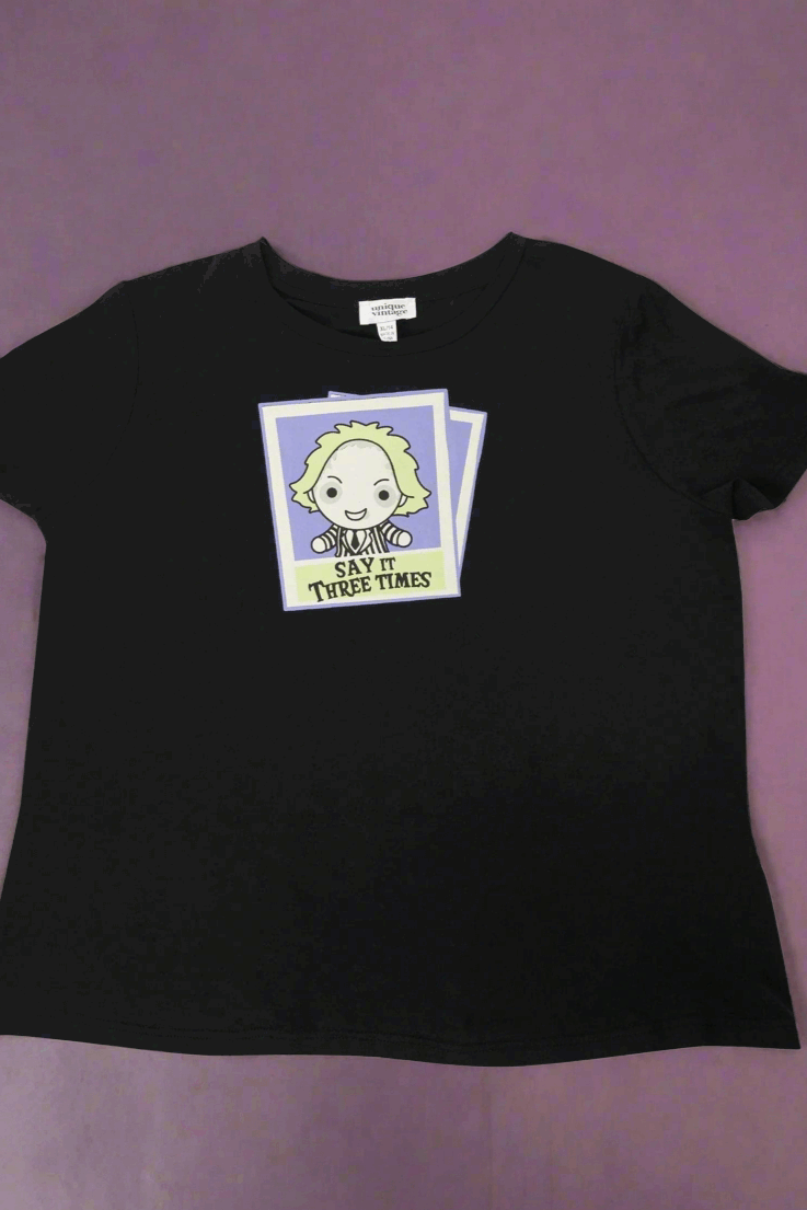 Beetlejuice X Unique Vintage Black Beetlejuice Polaroid Fitted Tee T-Shirt by Unique Vintage as seen on celebrities