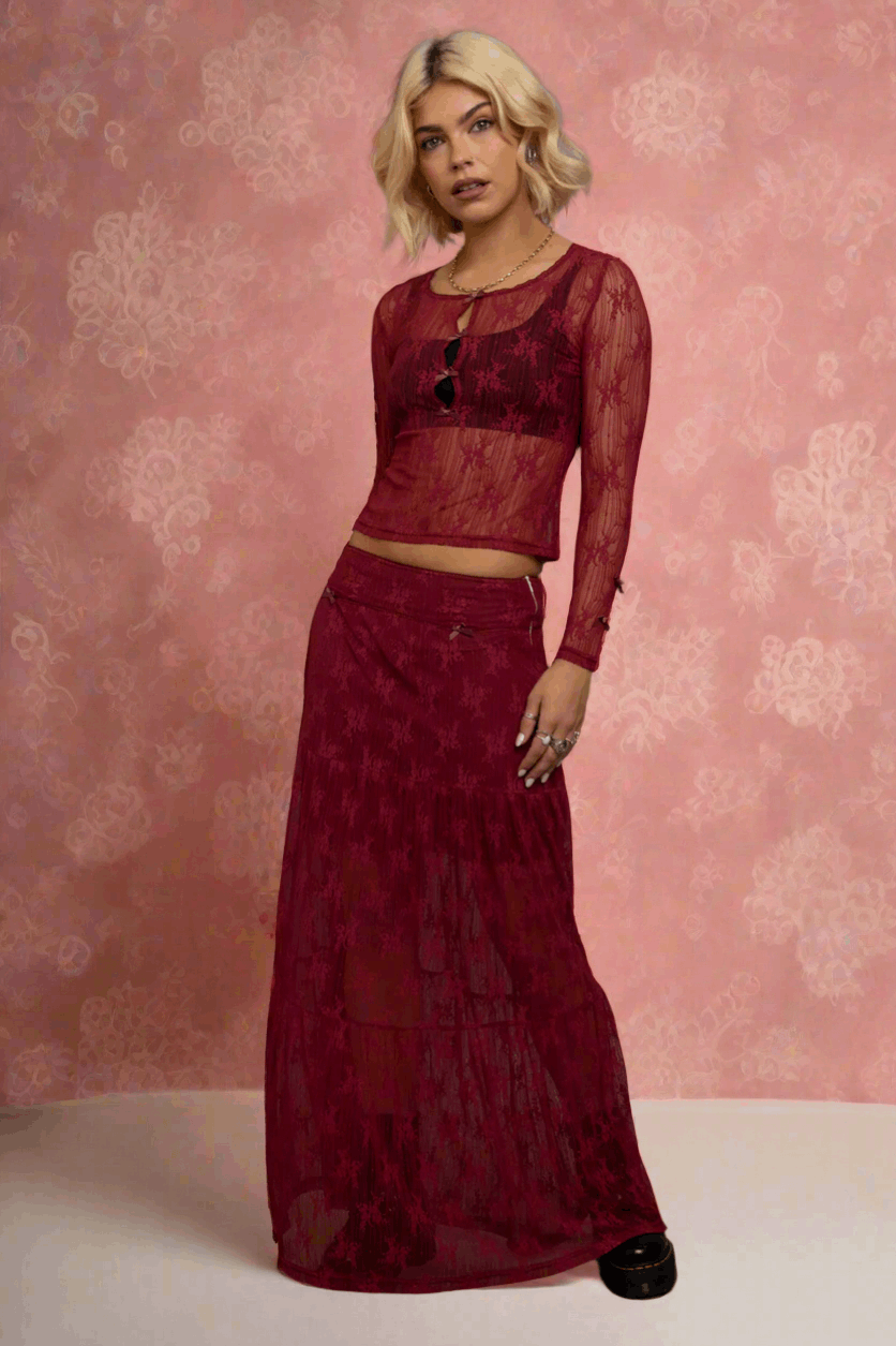 Daisy Street Red Lace Maxi Skirt with Bows Maxi Skirt by Daisy Street as seen on celebrities