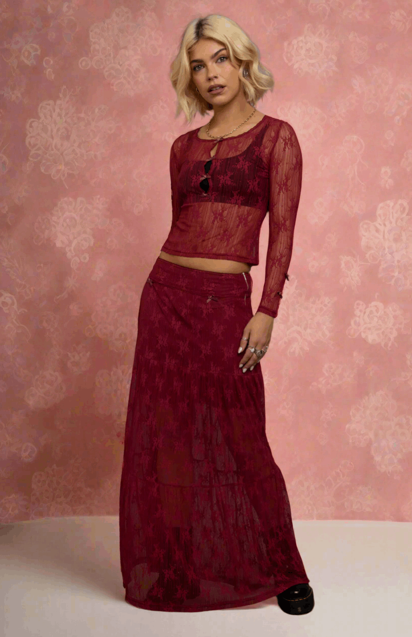Daisy Street Red Lace Maxi Skirt with Bows Maxi Skirt by Daisy Street as seen on celebrities