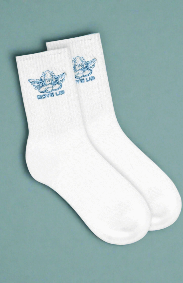 White socks with blue logo on a gray background