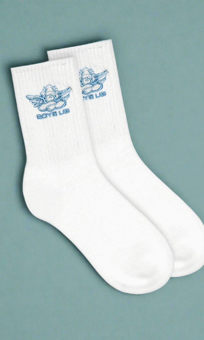 White socks with blue logo on a gray background