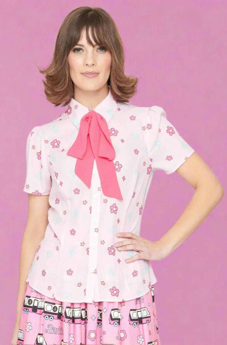 Barbie X Unique Vintage 1970s Pink Barbie Floral Print Bow Blouse Blouse by Unique Vintage as seen on celebrities