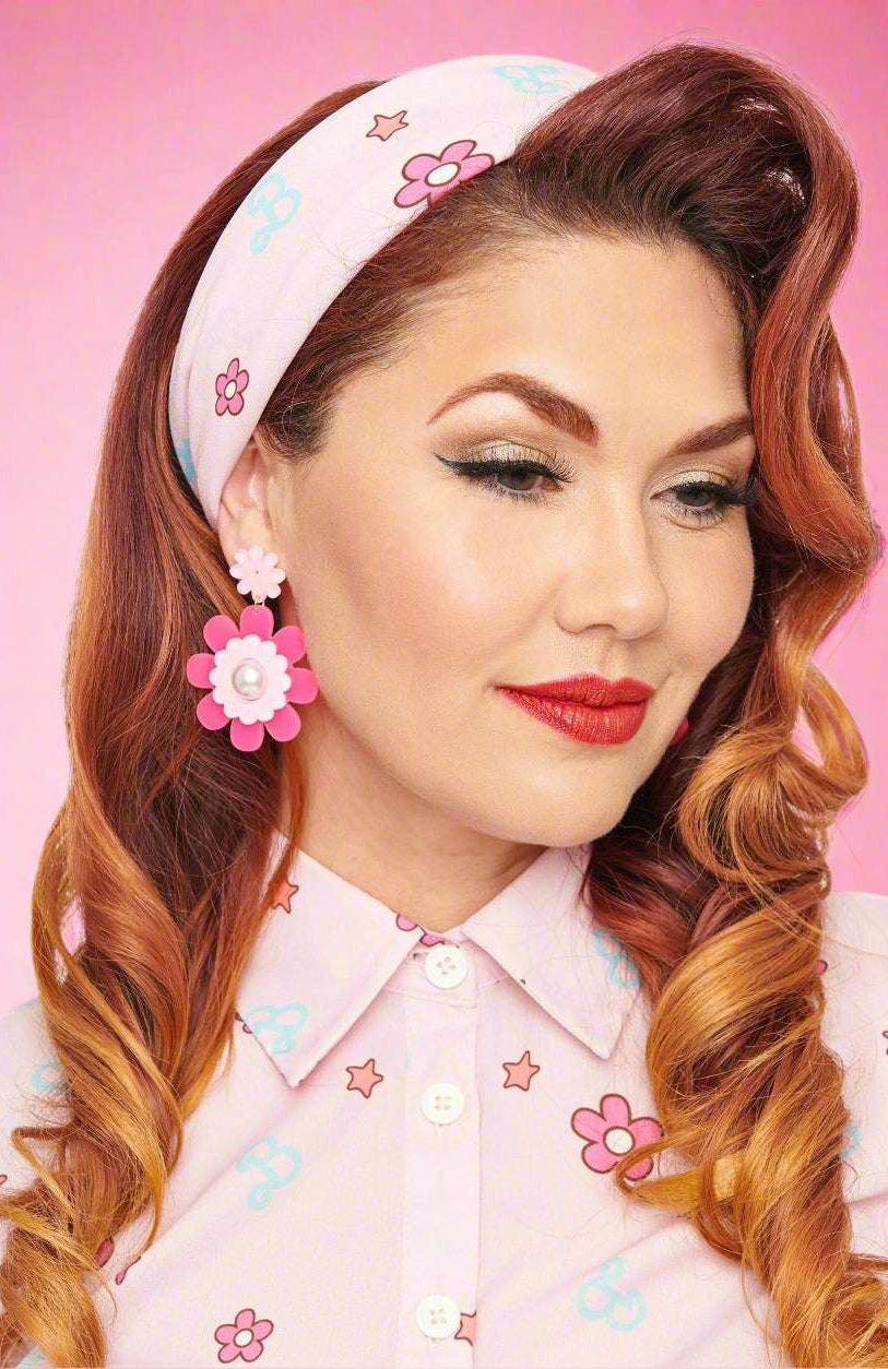 Barbie X Unique Vintage 1970s Pink Barbie Print Hair Scarf Scarf by Unique Vintage as seen on celebrities