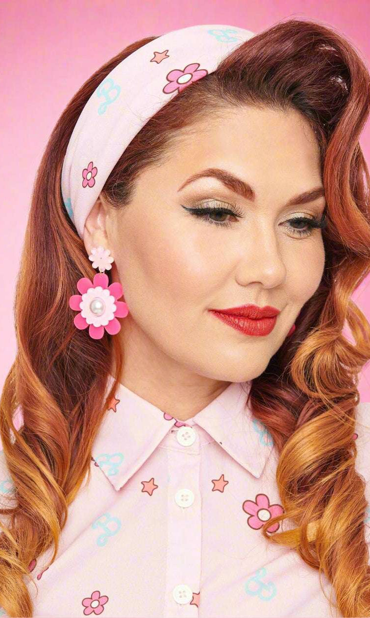 Barbie X Unique Vintage 1970s Pink Barbie Print Hair Scarf Scarf by Unique Vintage as seen on celebrities