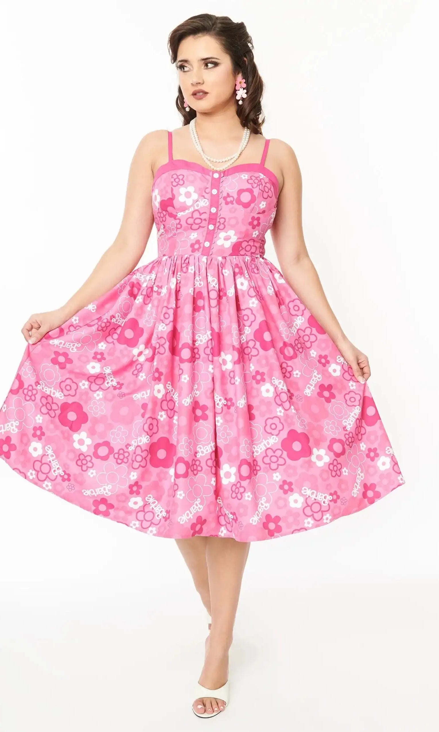 Barbie X Unique Vintage Pink Barbie Print Swing Dress Dress by Unique Vintage as seen on celebrities