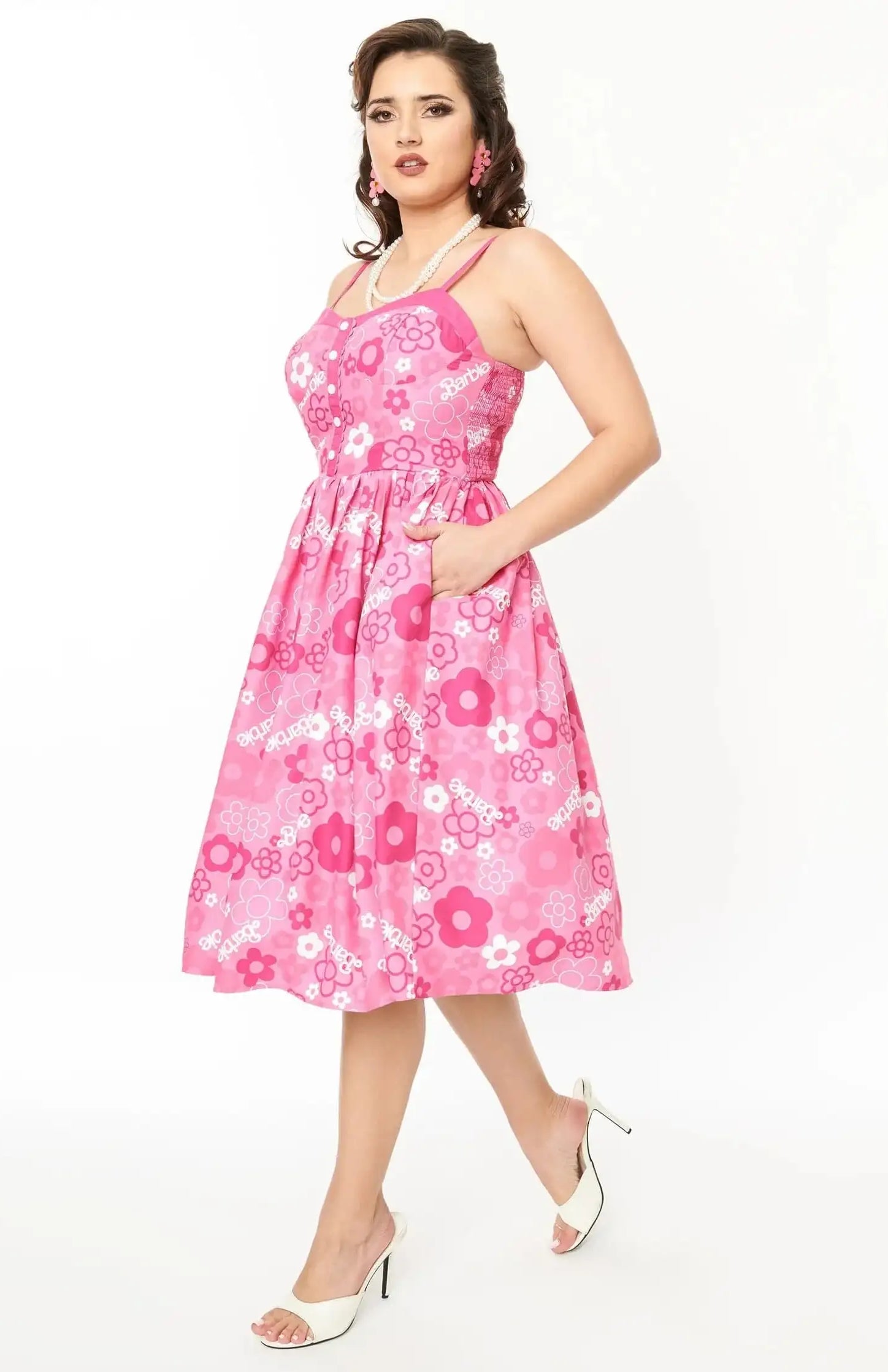 Barbie X Unique Vintage Pink Barbie Print Swing Dress Dress by Unique Vintage as seen on celebrities