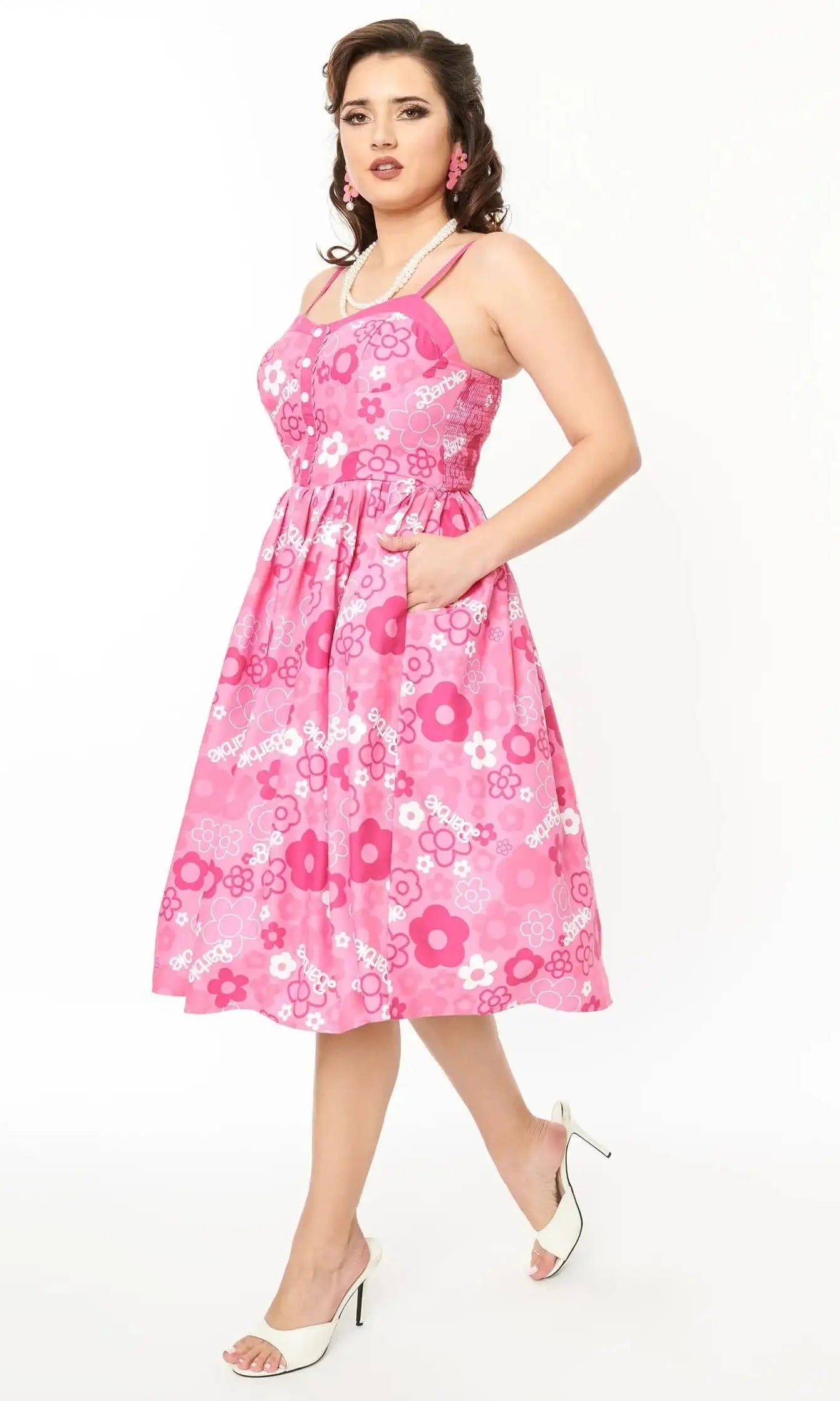 Barbie X Unique Vintage Pink Barbie Print Swing Dress Dress by Unique Vintage as seen on celebrities