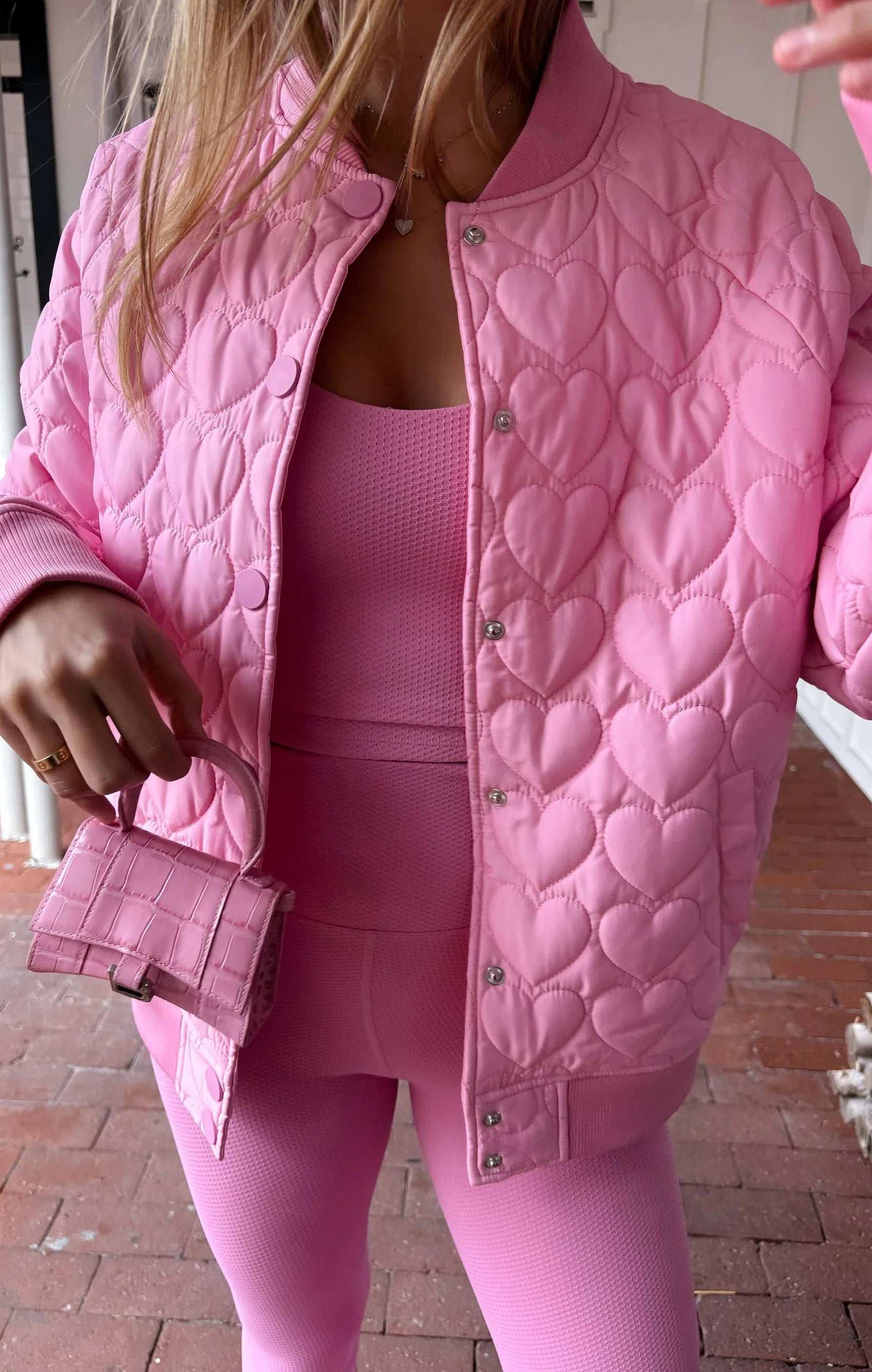 Beach Riot Flight Jacket Prism Pink Heart Jacket by Beach Riot as seen on celebrities