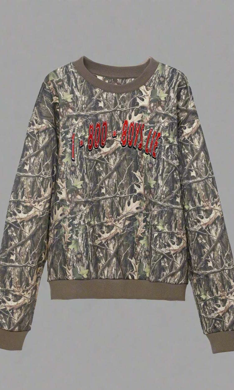 Camouflage sweatshirt with red text on a white background