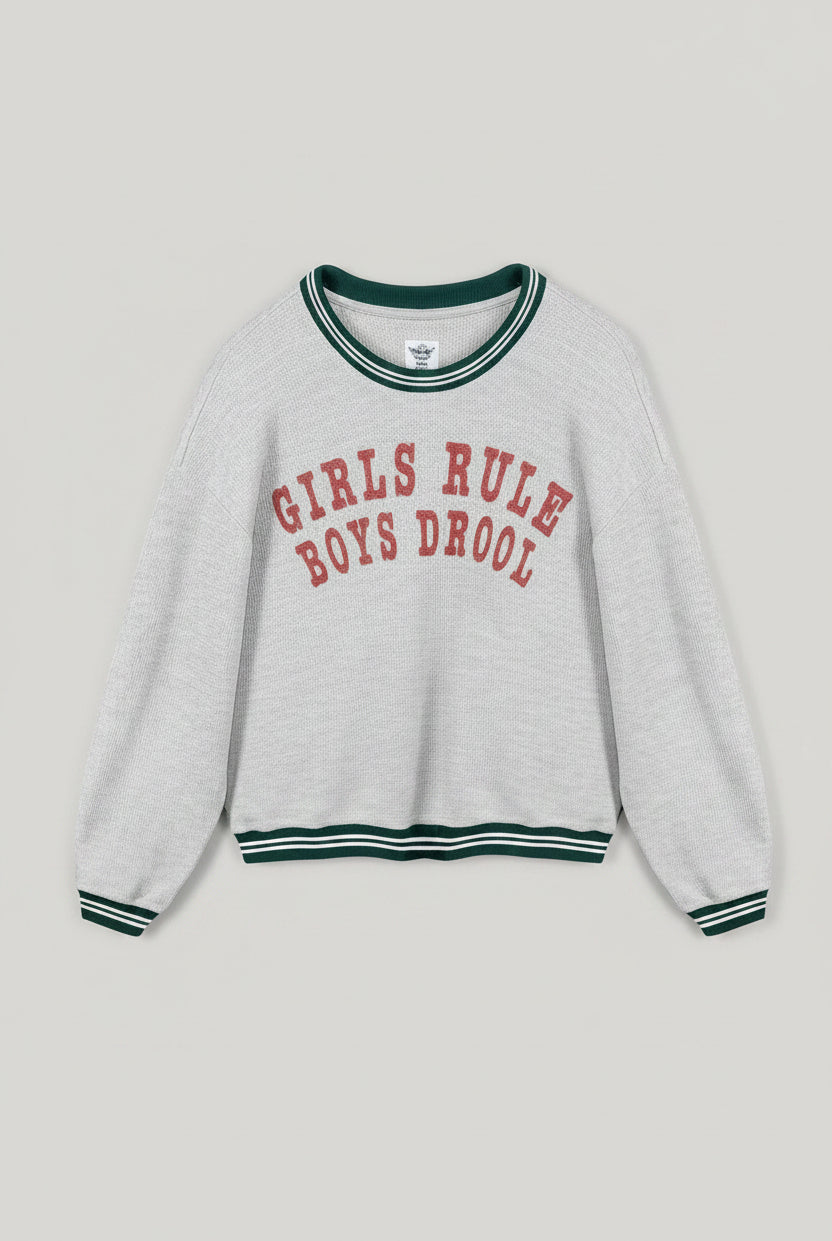 Gray Boys Lie sweatshirt with 'Girls Rule Boys Drool' text on a white background