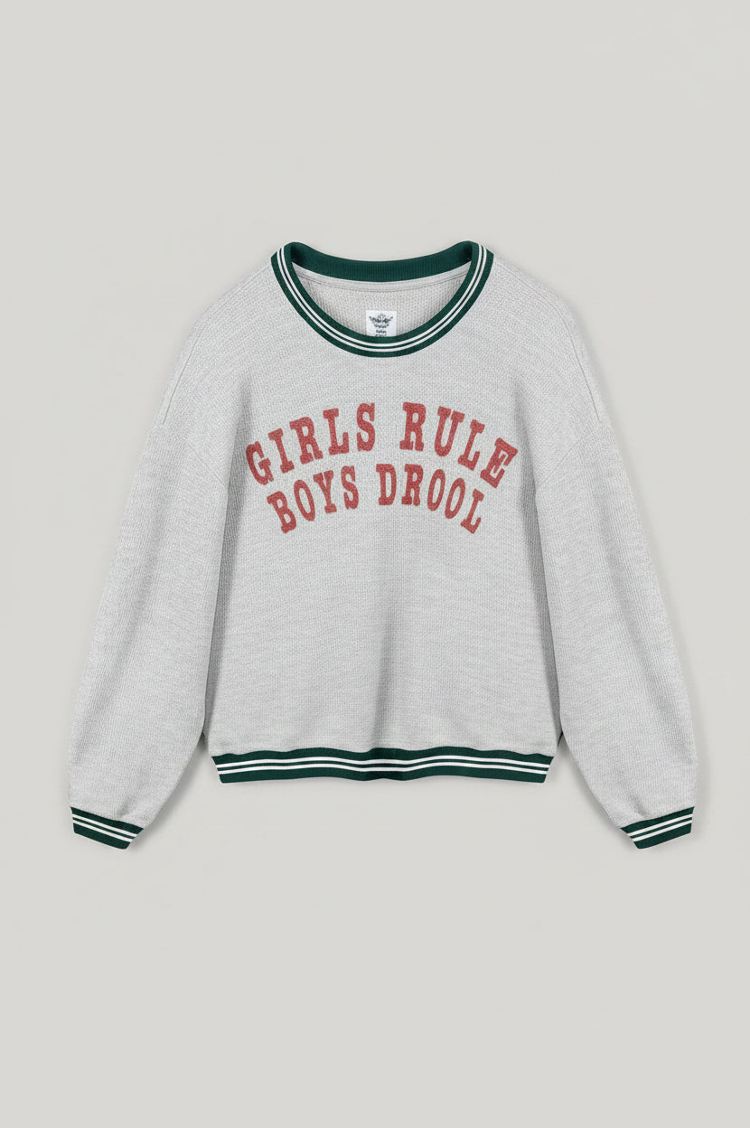 Gray Boys Lie sweatshirt with 'Girls Rule Boys Drool' text on a white background