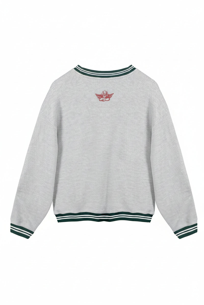 Gray sweater with a small red logo on the back against a white background