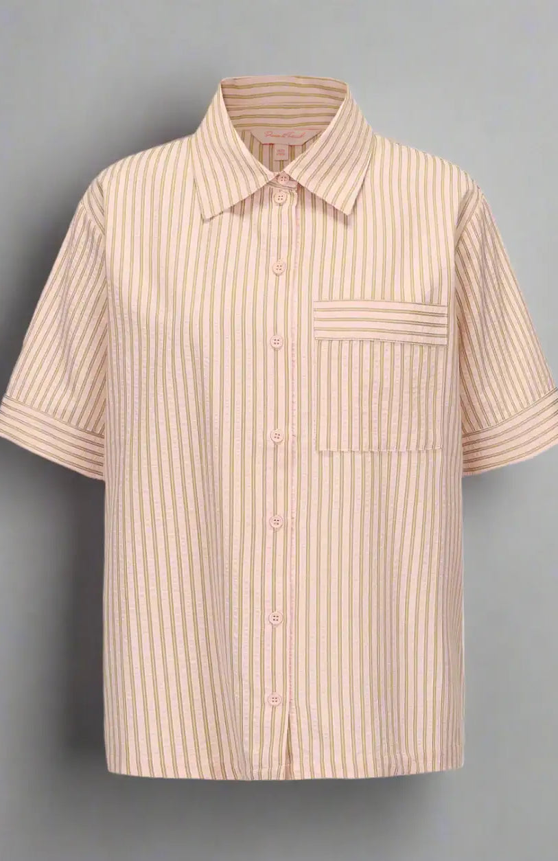 Beige striped short-sleeve shirt on a light gray background