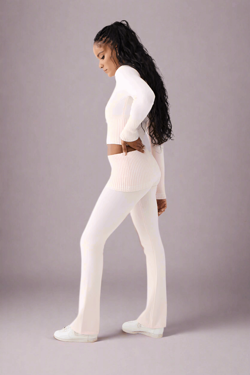 Frankies Bikinis Aimee Cloud Knit Flare Pant in Rosebud Pink Trousers by Frankies Bikinis as seen on celebrities