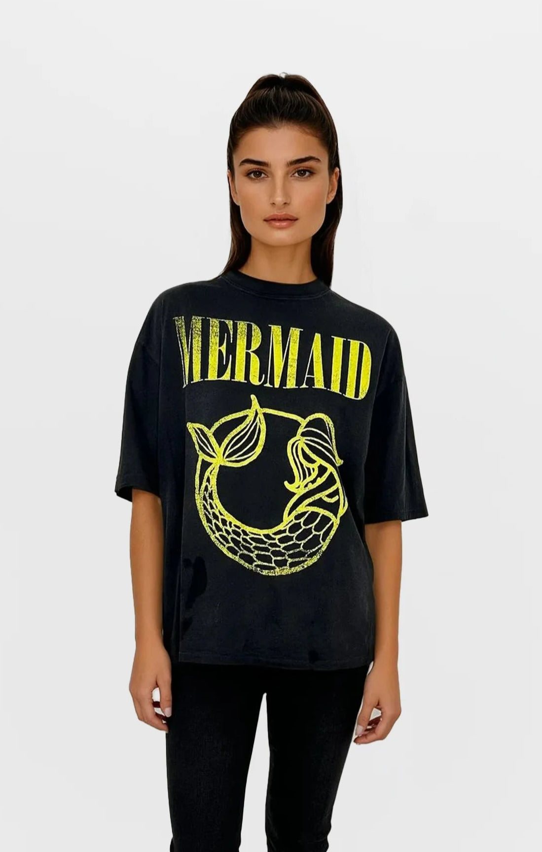 Woman wearing a black t-shirt with 'Mermaid' and a mermaid logo design on a white background