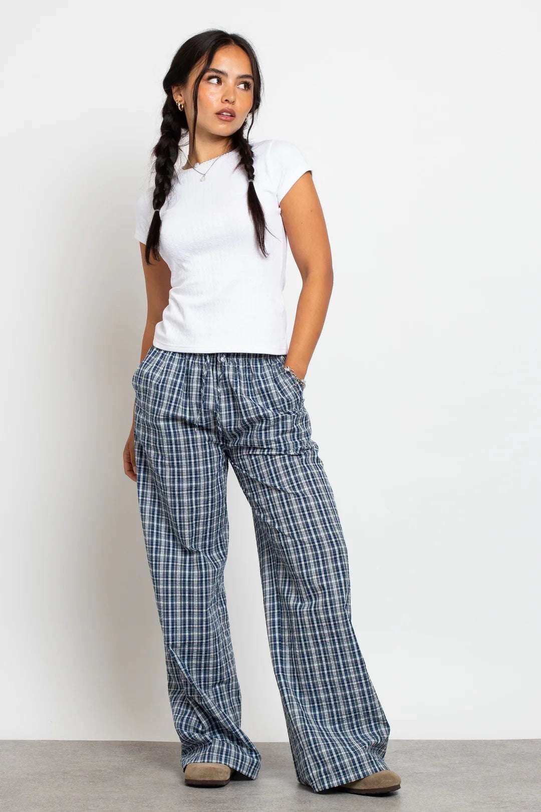 Daisy Street Check Wide Leg Trouser with Drawcord Waist Jogger Bottoms by Daisy Street as seen on celebrities