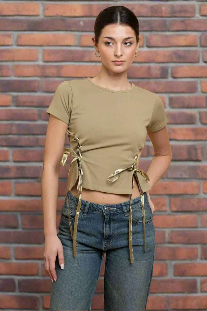 Daisy Street Lace Up Detail Baby Tee T-Shirts by Daisy Street as seen on celebrities