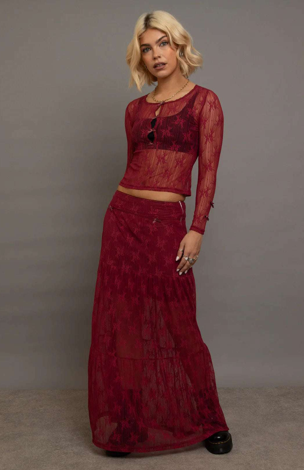 Daisy Street Red Lace Maxi Skirt with Bows Maxi Skirt by Daisy Street as seen on celebrities