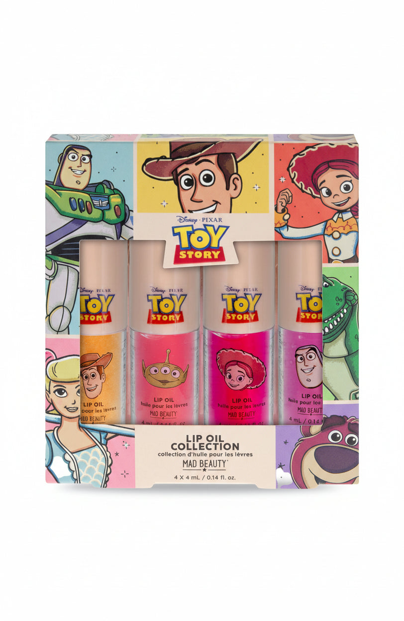 Toy Story lip oil collection packaging with colorful characters on a pink background