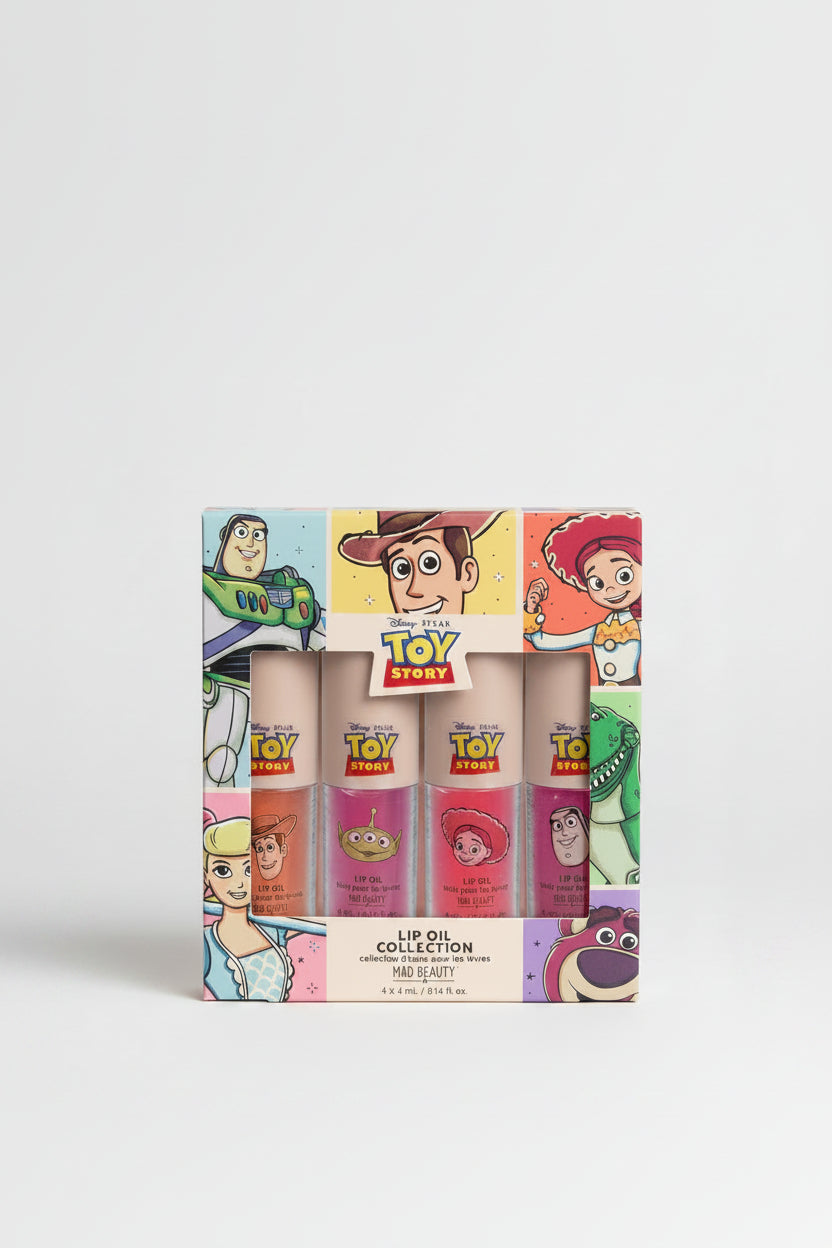 Toy Story lip oil collection packaging with colorful characters on a pink background