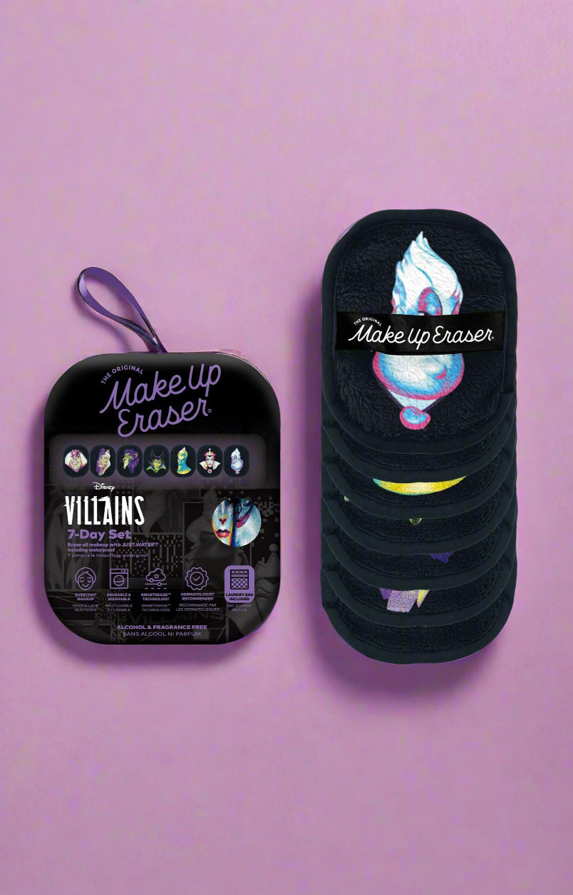 Make-up eraser with packaging featuring Disney Villains design on a white background