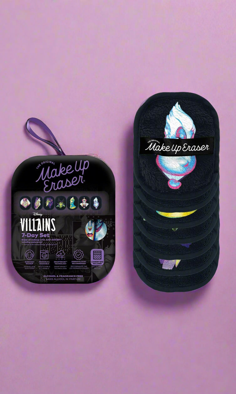 Make-up eraser with packaging featuring Disney Villains design on a white background