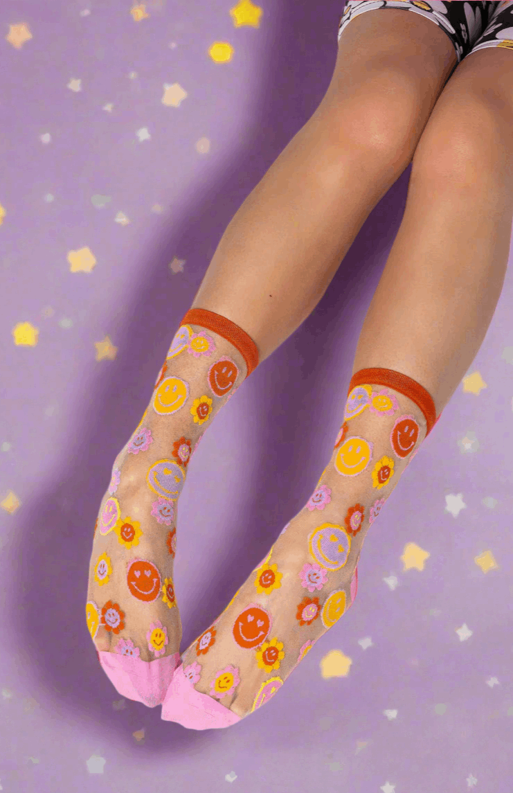 Sock Candy Smiley Face Daisy Sheer Crew Socks Socks by Sock Candy as seen on celebrities