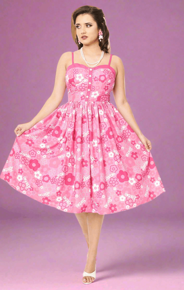 Barbie X Unique Vintage Pink Barbie Print Swing Dress Dress by Unique Vintage as seen on celebrities