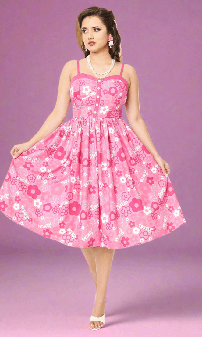 Barbie X Unique Vintage Pink Barbie Print Swing Dress Dress by Unique Vintage as seen on celebrities