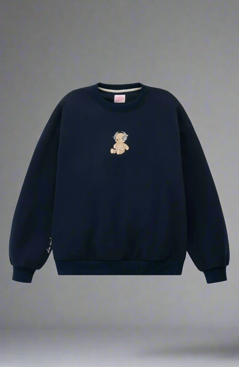 Navy blue sweatshirt with a teddy bear emblem on a light gray background