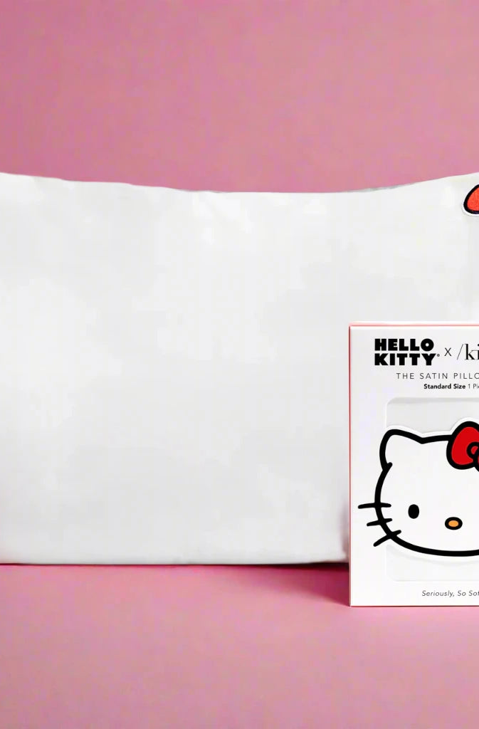 Hello Kitty x Kitsch Satin Pillowcase - Solid Ivory Hello Kitty Bow Pillow by Kitsch as seen on celebrities