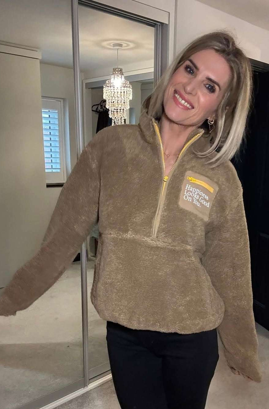 Samii Ryan Smiley® Sunshine Sherpa Jacket as seen on Sarah Jayne Dunn Jacket by Samii Ryan as seen on celebrities