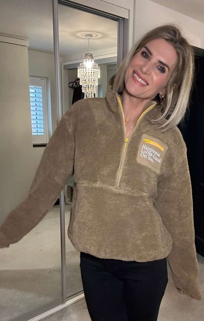 Samii Ryan Smiley® Sunshine Sherpa Jacket as seen on Sarah Jayne Dunn Jacket by Samii Ryan as seen on celebrities