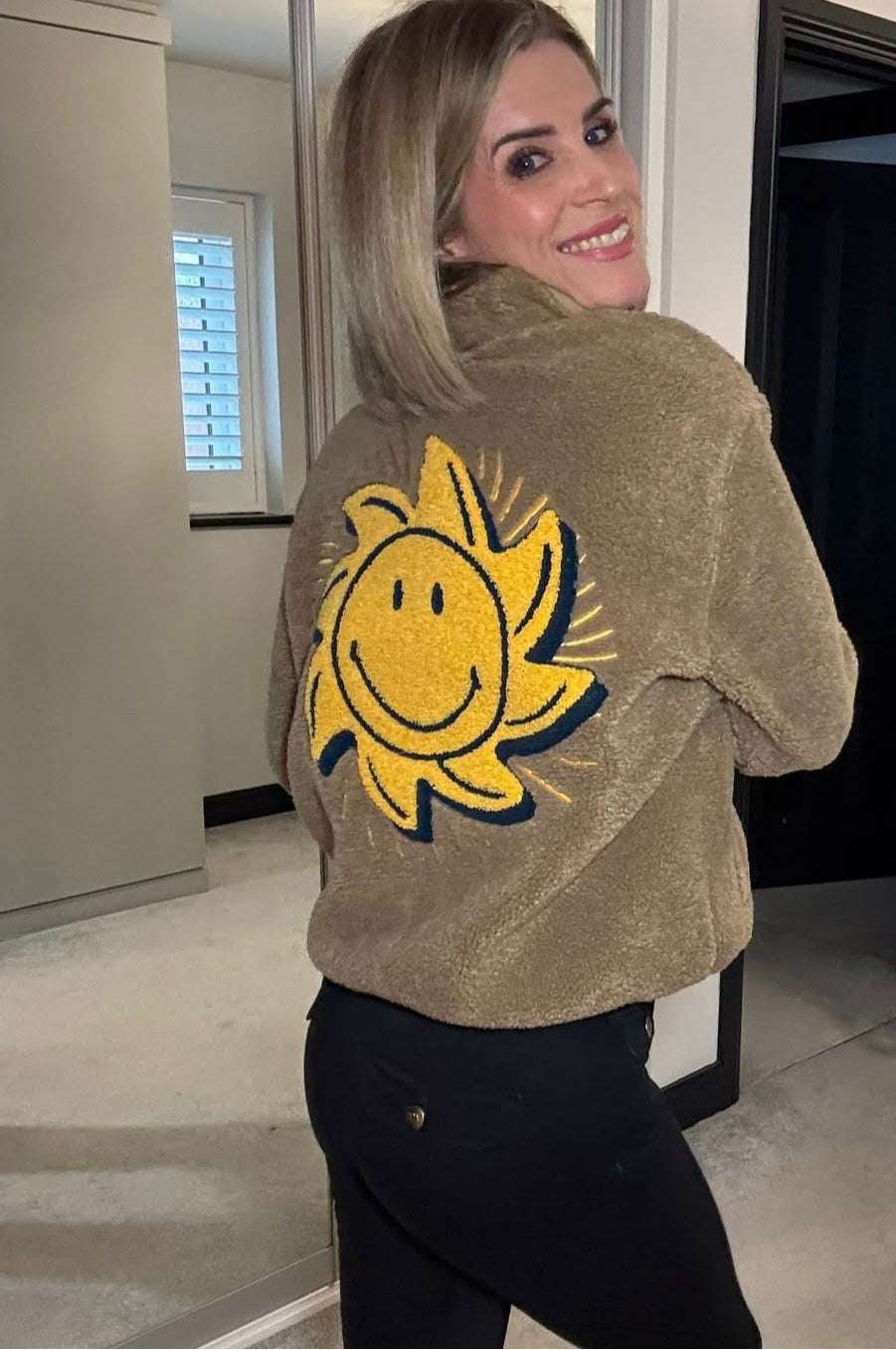 Samii Ryan Smiley® Sunshine Sherpa Jacket as seen on Sarah Jayne Dunn Jacket by Samii Ryan as seen on celebrities