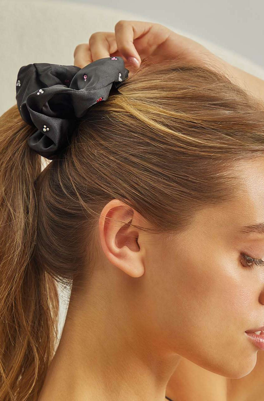 Kitsch & Mickey and Minnie Recycled Black Fabric Rhinestone Scrunchie Hair Band by Kitsch as seen on celebrities
