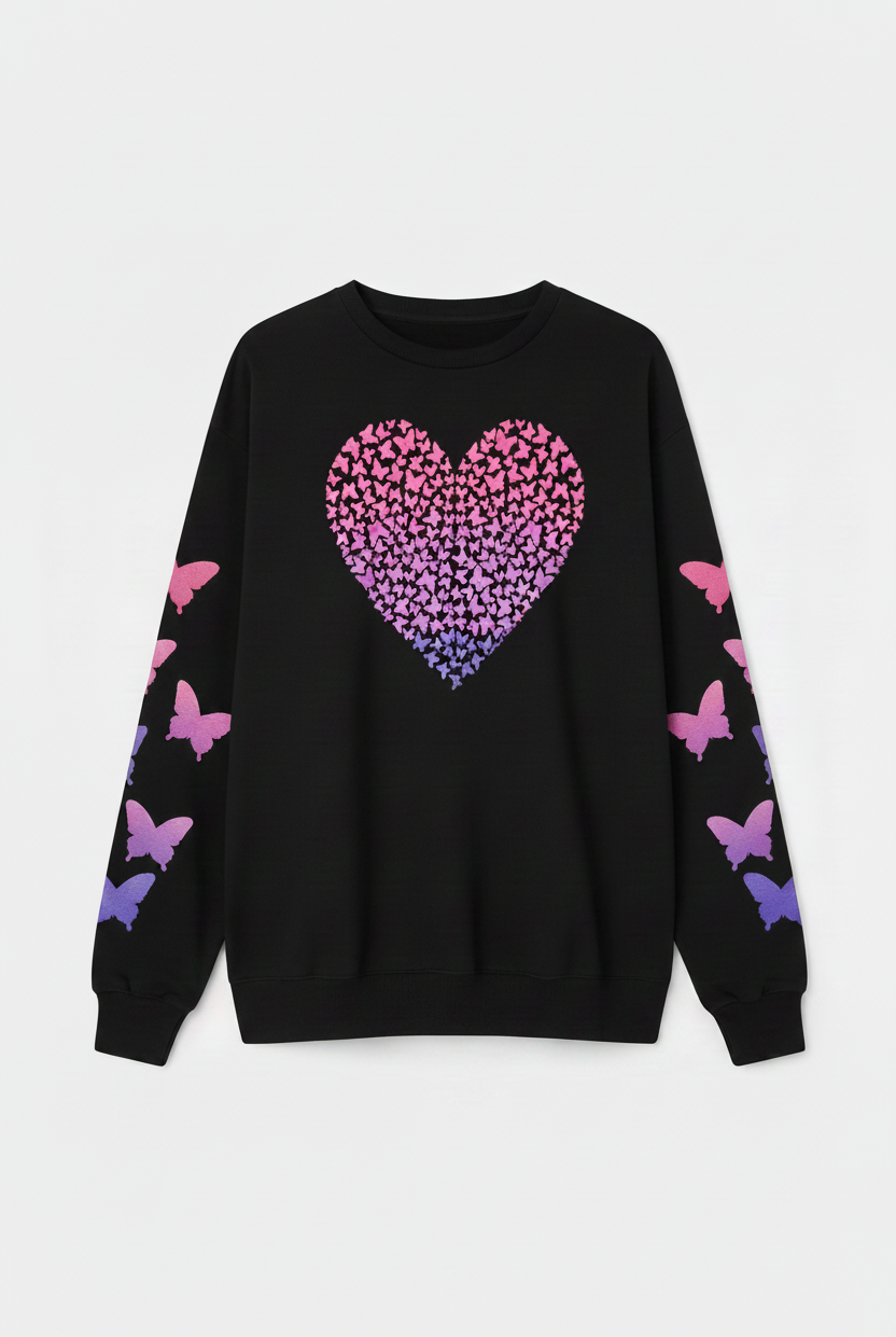 Woman wearing a black sweater with a pink and purple heart design on a white background