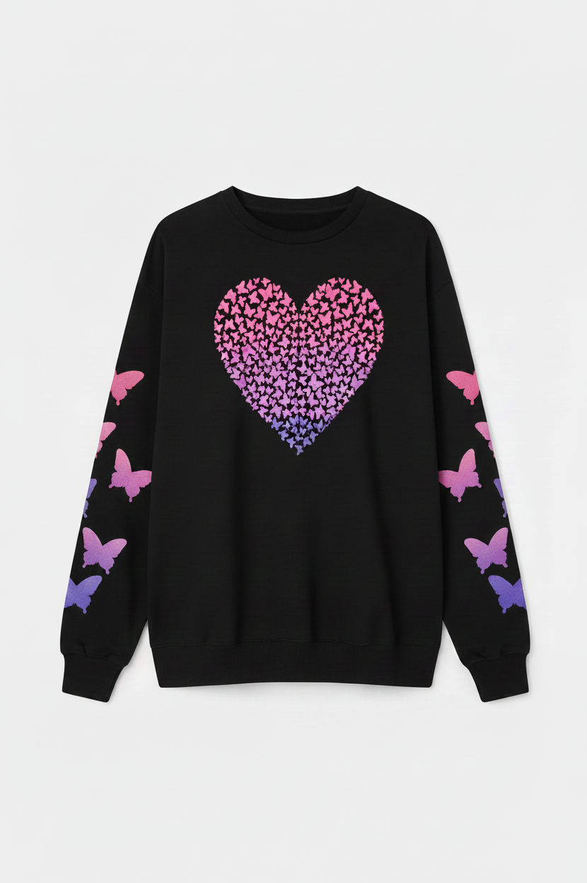 Woman wearing a black sweater with a pink and purple heart design on a white background