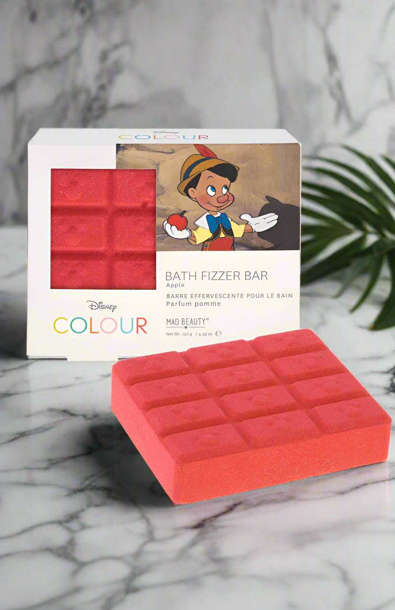 Red bath fizzer bar with packaging featuring a character from Disney on a white background