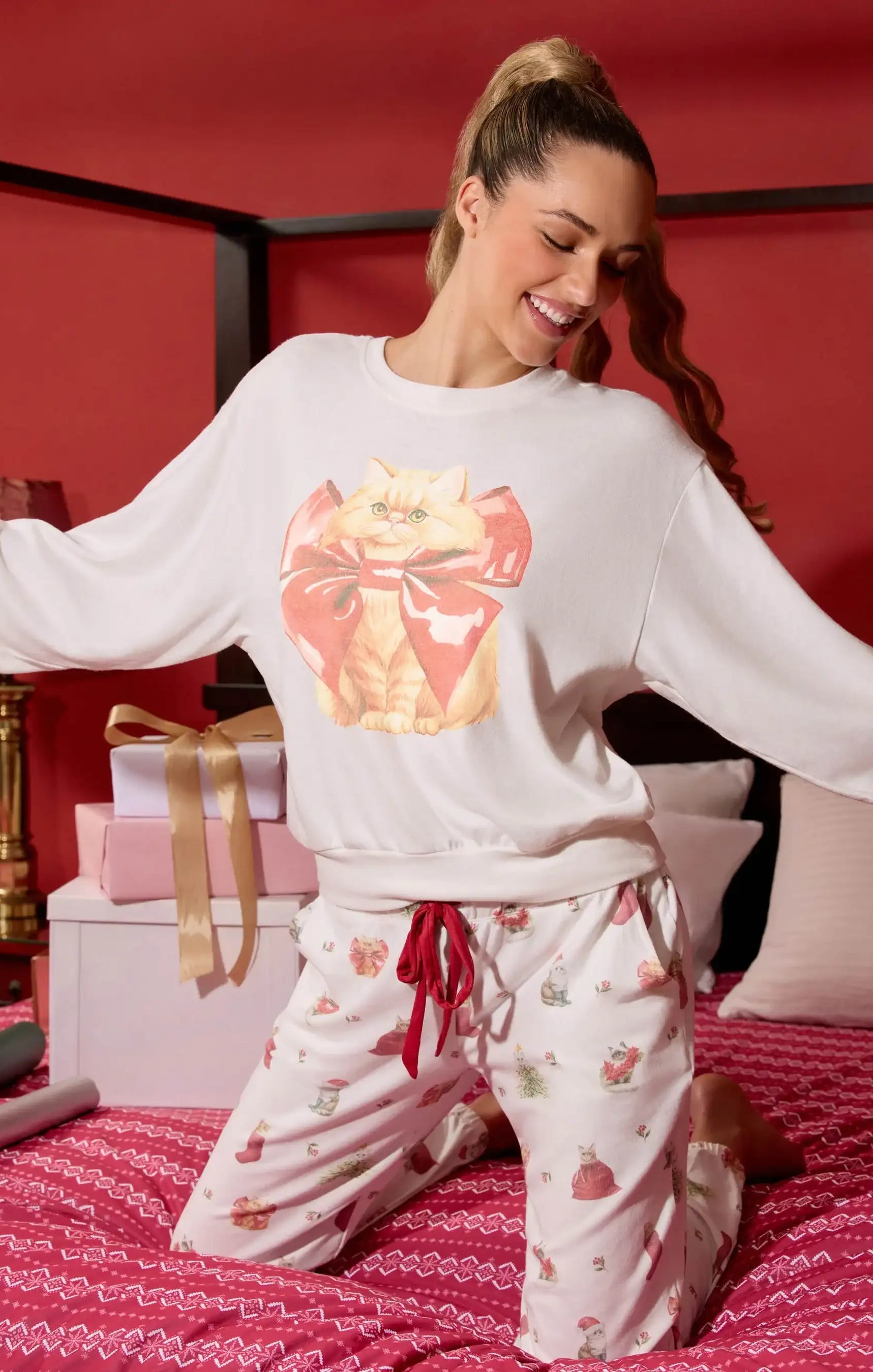 PJ Salvage Feline Festive Cat Print Sweater as seen on Chloe Sims