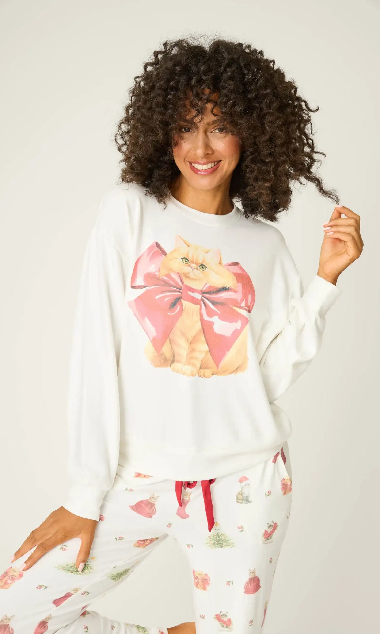 PJ Salvage Feline Festive Cat Print Sweater as seen on Chloe Sims
