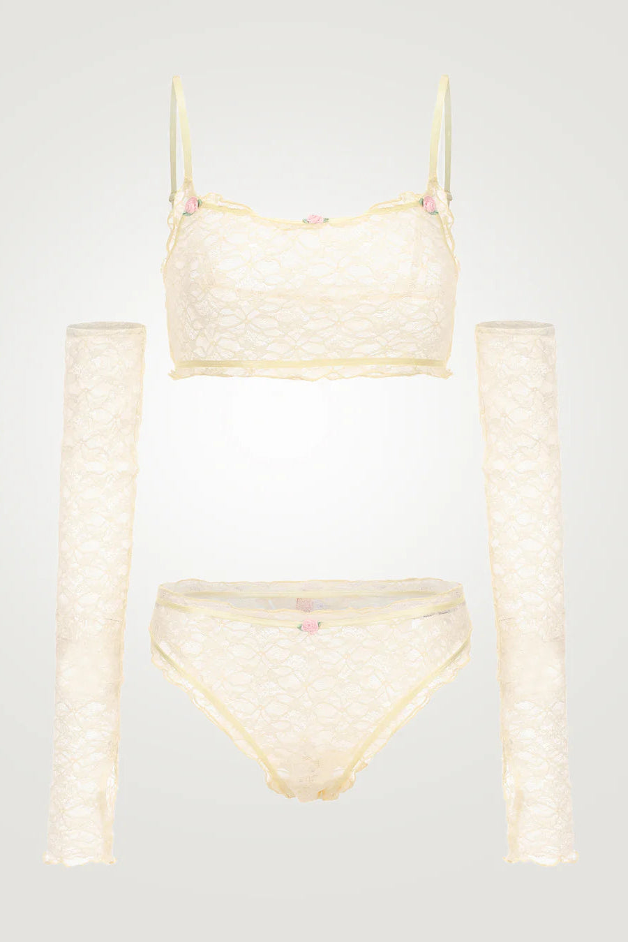 Cream-colored bikini set on a light gray background