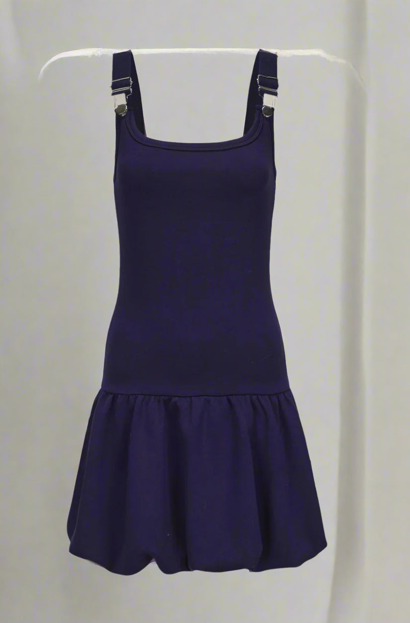 Navy blue dress with straps on a white background