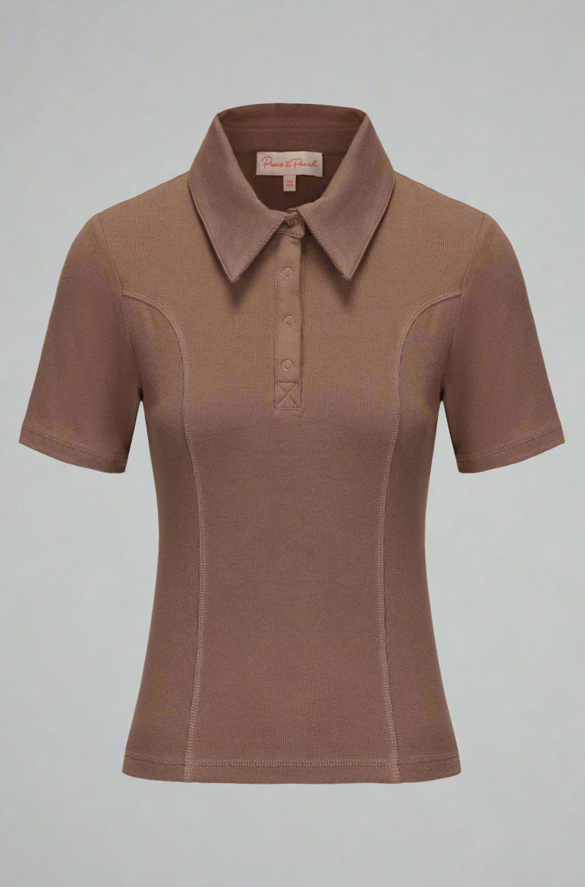 Brown polo shirt on a light gray background