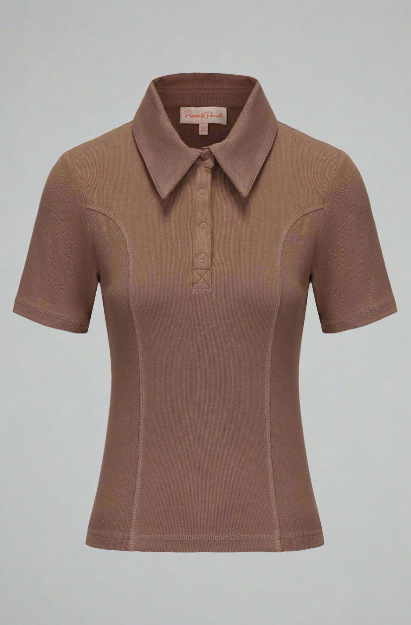 Brown polo shirt on a light gray background