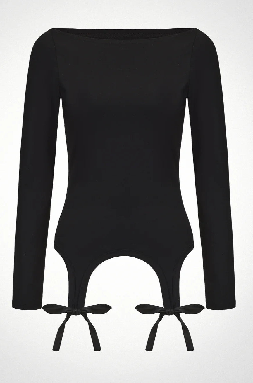 Black long-sleeve top with cut-out design and tie details on a white background