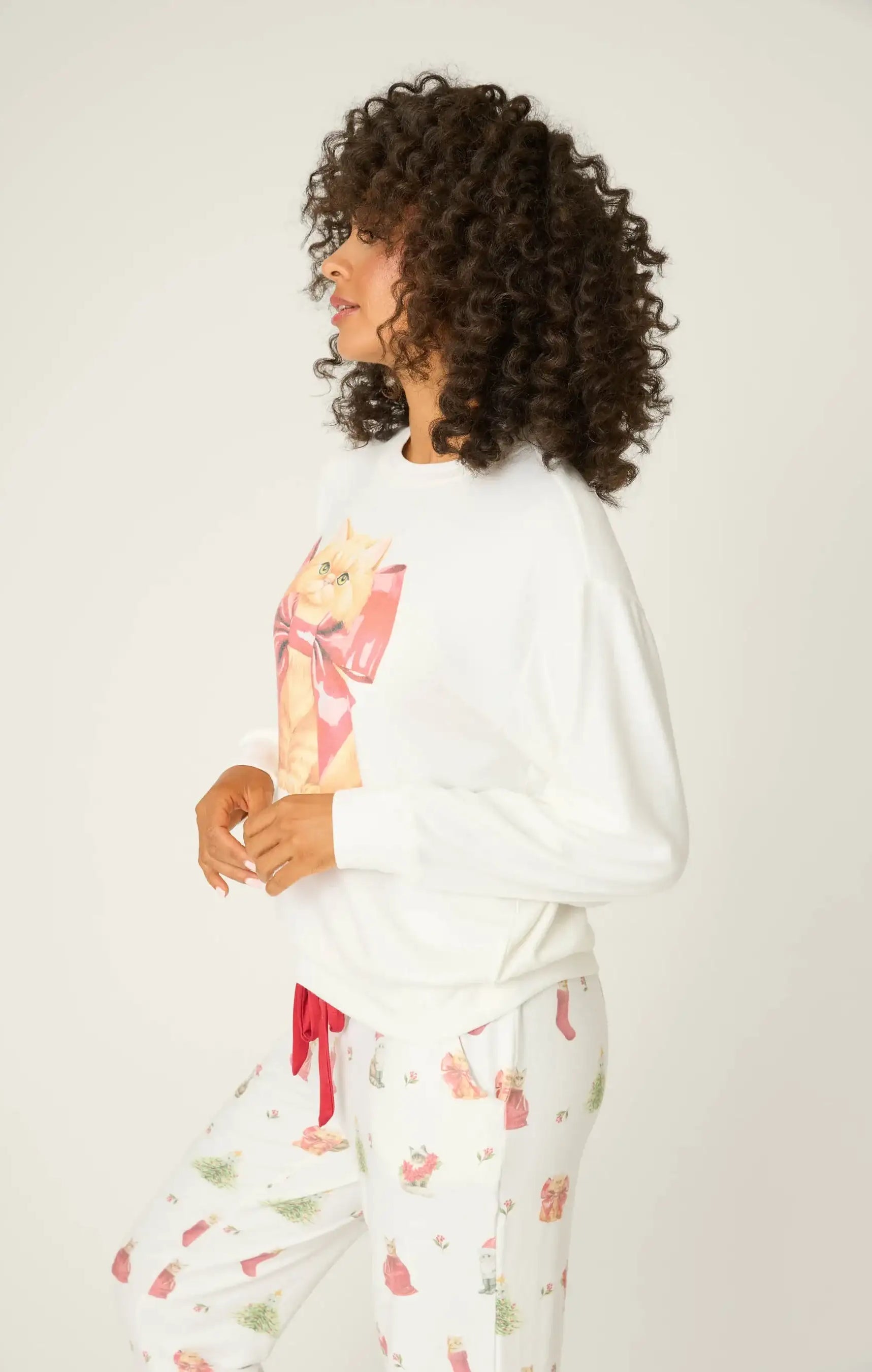 PJ Salvage Feline Festive Cat Print Sweater as seen on Chloe Sims