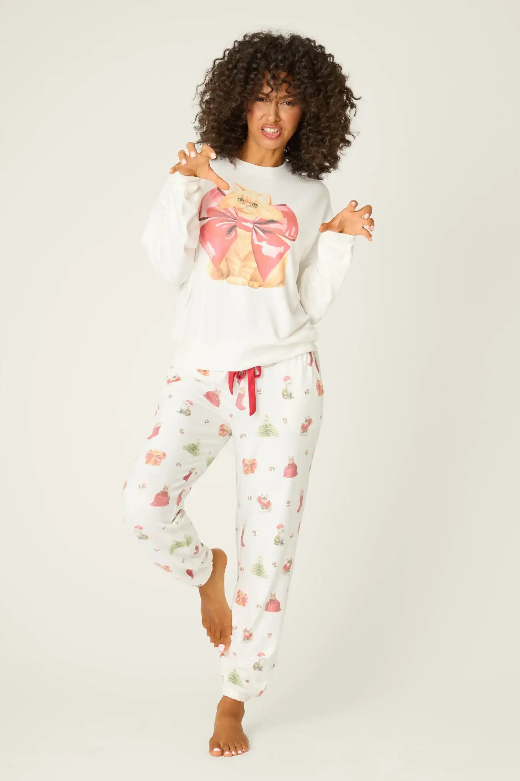 PJ Salvage Feline Festive Cat Print Sweater as seen on Chloe Sims