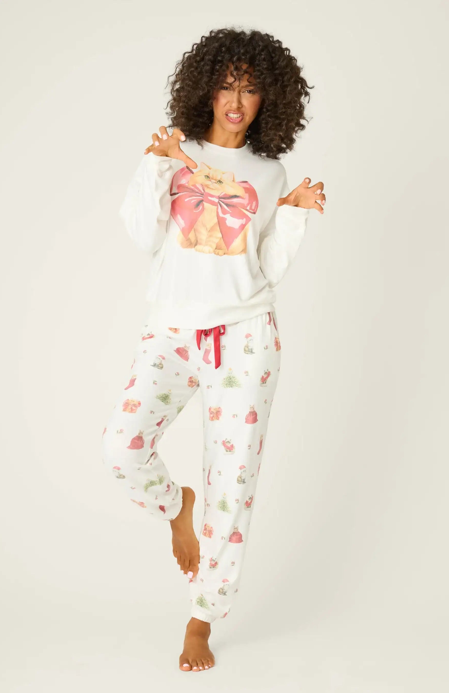 PJ Salvage Feline Festive Cat Print Sweater as seen on Chloe Sims